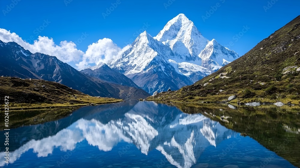 Obraz premium Breathtaking snow capped mountain peaks are perfectly reflected in the crystal clear waters of a serene alpine lake creating a mesmerizing and natural landscape