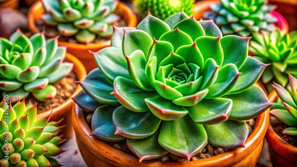 Lush Green Succulent Leaves Close-Up with Cactus in Pot for Nature Photography and Home Decor Inspiration Lush Green Succulent Leaves Close-Up with Cactus in Pot for Nature Photography and Home Decor Inspiration