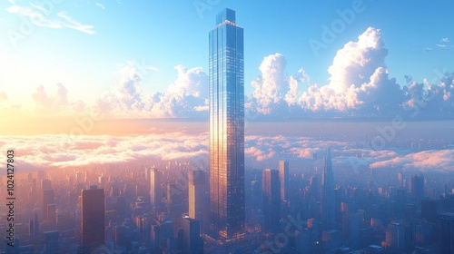 A towering skyscraper rises above a cityscape during sunset.