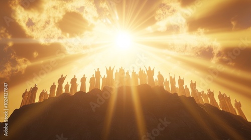 Radiant Harmony: Celestial Choir Singing on Mountaintop - Epic Christianity Heaven 3D Render Illustration