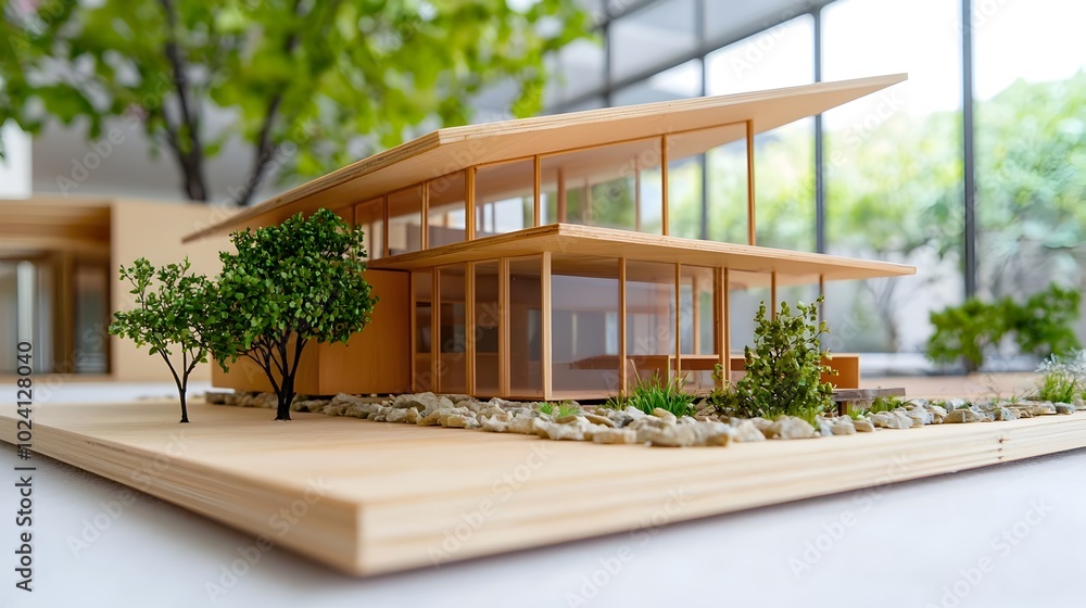 Fototapeta premium A close up view of a sleek minimalist modern house featuring a clean geometric design and the use of natural materials such as wood glass and stone