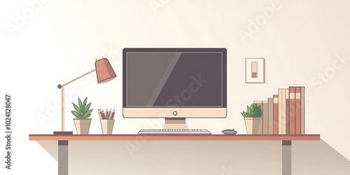 Minimalist Illustration of a Desk with a Computer, Plants, and Books