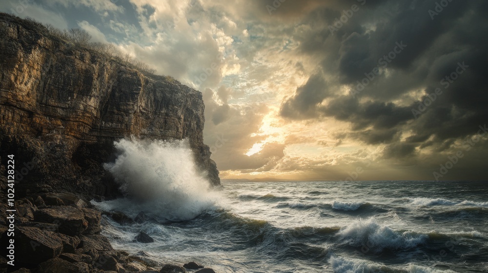 Dramatic Ocean Waves Crash Against Cliffside Dramatic Ocean Waves Crash Against Cliffside