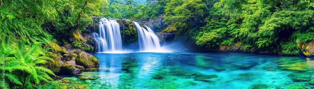 Fototapeta premium A waterfall surrounded by lush vegetation, crystal-clear water cascading into a serene pool, vibrant fantasy style, high detail, ethereal lighting