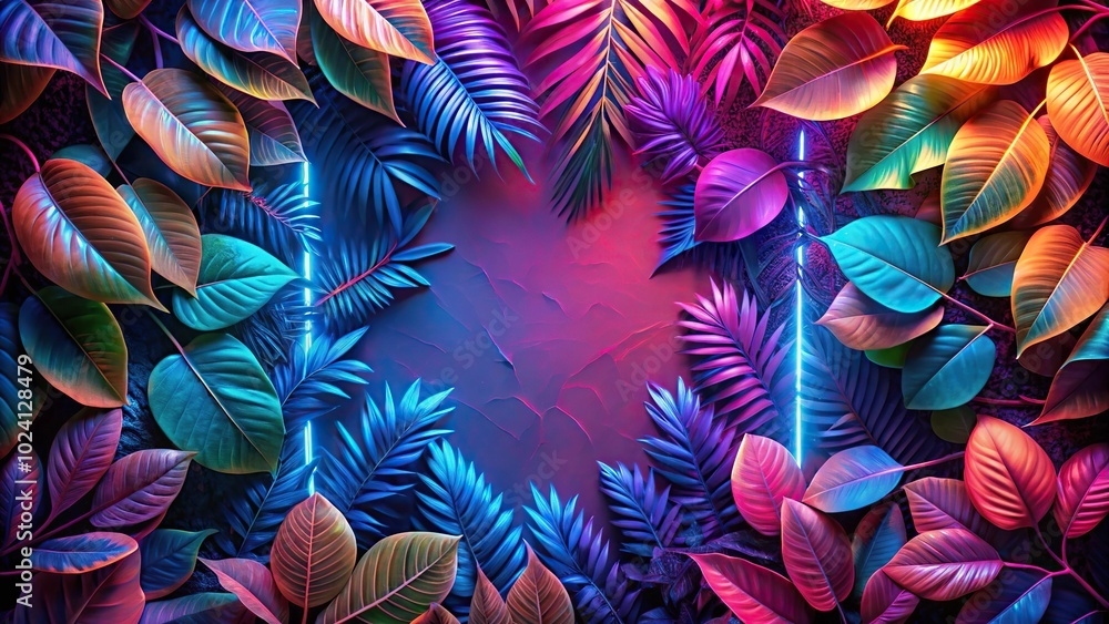 leaves on colorful and neon art style backdrop leaves on colorful and neon art style backdrop