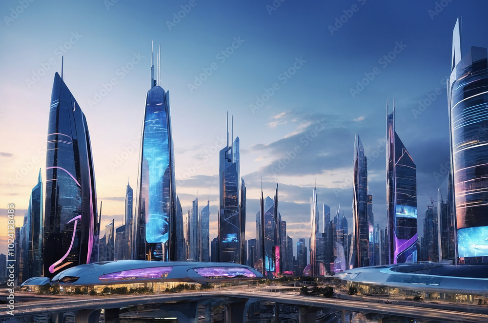 Obraz premium Futuristic urban skyline at dusk, featuring high-tech buildings with dynamic light displays and interactive billboards, reflecting a thriving digital environment.