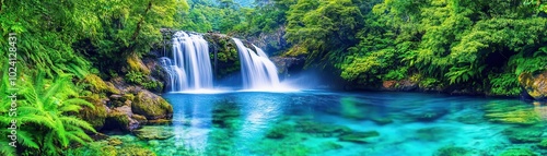 A waterfall surrounded by lush vegetation, crystal-clear water cascading into a serene pool, vibrant fantasy style, high detail, ethereal lighting