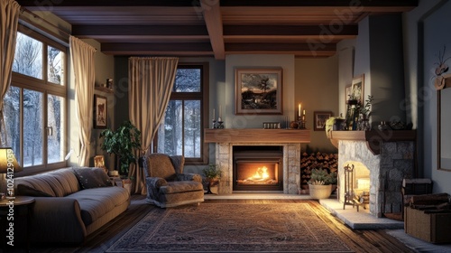 Wallpaper Mural Cozy Living Room with Fireplace and Snowy Window View Torontodigital.ca