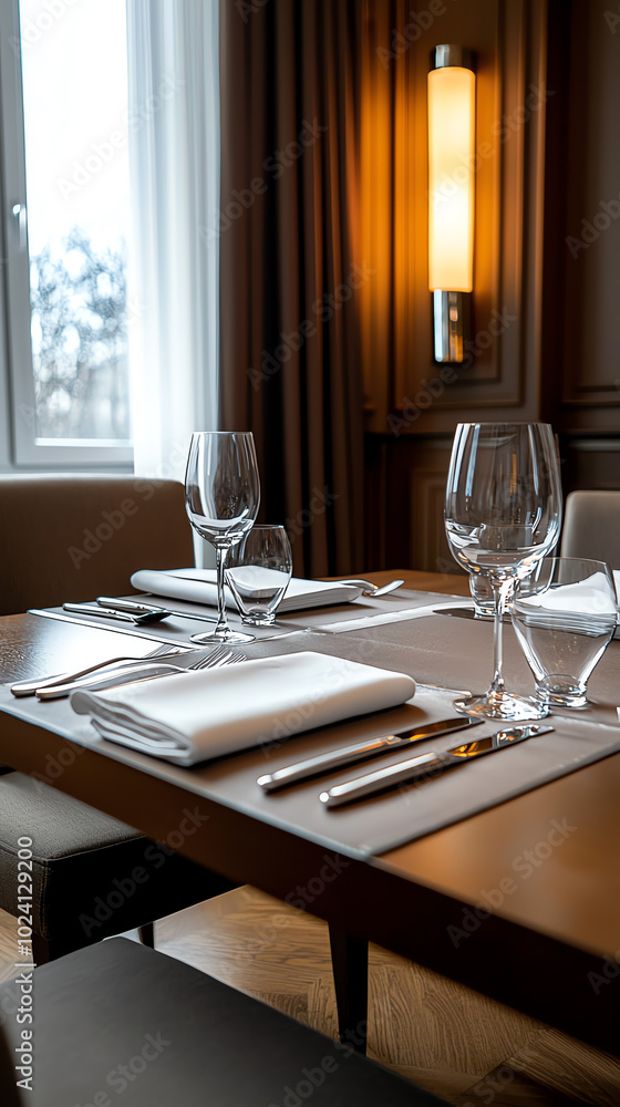 Elegant dining table setup, soft lighting ambiance Elegant dining table setup, soft lighting ambiance