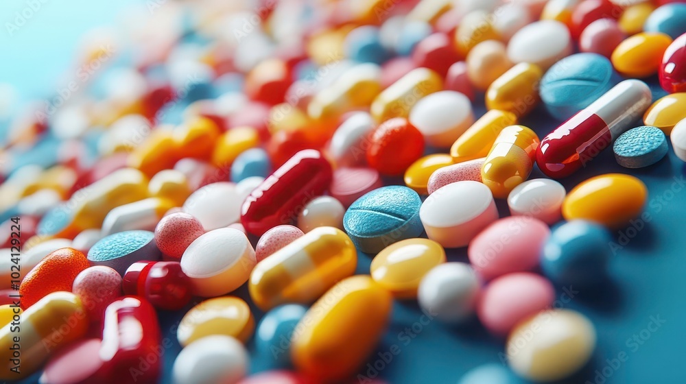 colorful medicine tablets scattered across a soft blue background highlighting the diversity of pharmaceuticals and their vibrant colors for a healthrelated concept colorful medicine tablets scattered across a soft blue background highlighting the diversity of pharmaceuticals and their vibrant colors for a healthrelated concept