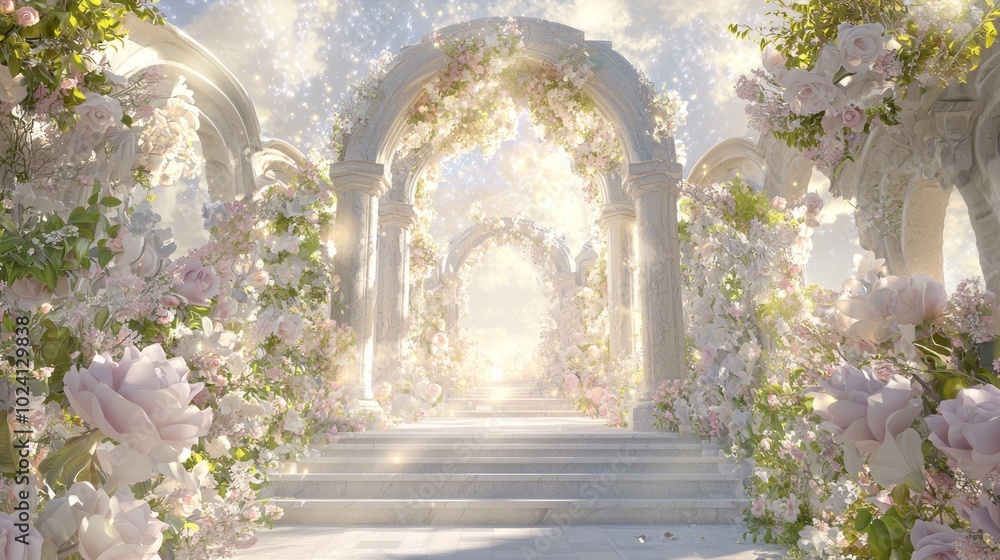 Fototapeta premium Heavenly Gateway: Exquisite Christian Archway to Eternity | 3D Render of Celestial Portal with Blossoms and Radiant Light, Heavenly Invite