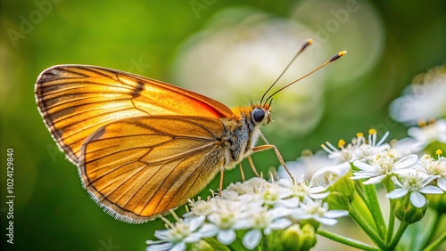 Leptidea sinapis butterfly on a white flower with forced perspective