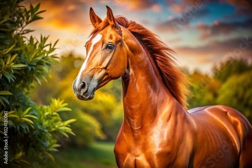 Majestic Warmblood Horse Chestnut Portrait Capturing the Beauty of Equine Grace and Charm in Nature's Splendor