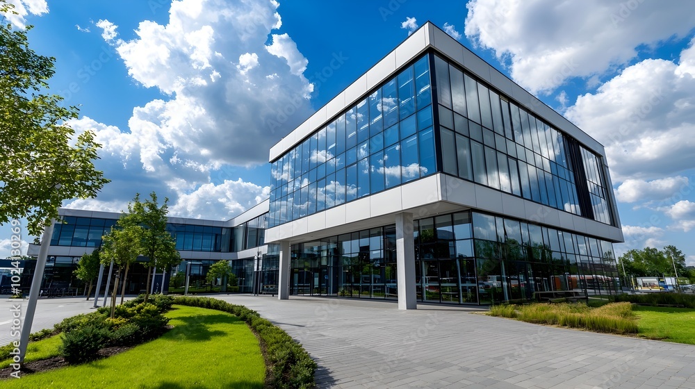 Sleek and Contemporary Highrise Office Building with Large Windows and Open Green Atrium Spaces for a Professional Corporate Environment Sleek and Contemporary Highrise Office Building with Large Windows and Open Green Atrium Spaces for a Professional Corporate Environment