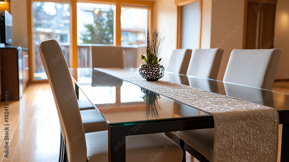 Modern dining room with glass table and chairs. Modern dining room with glass table and chairs.