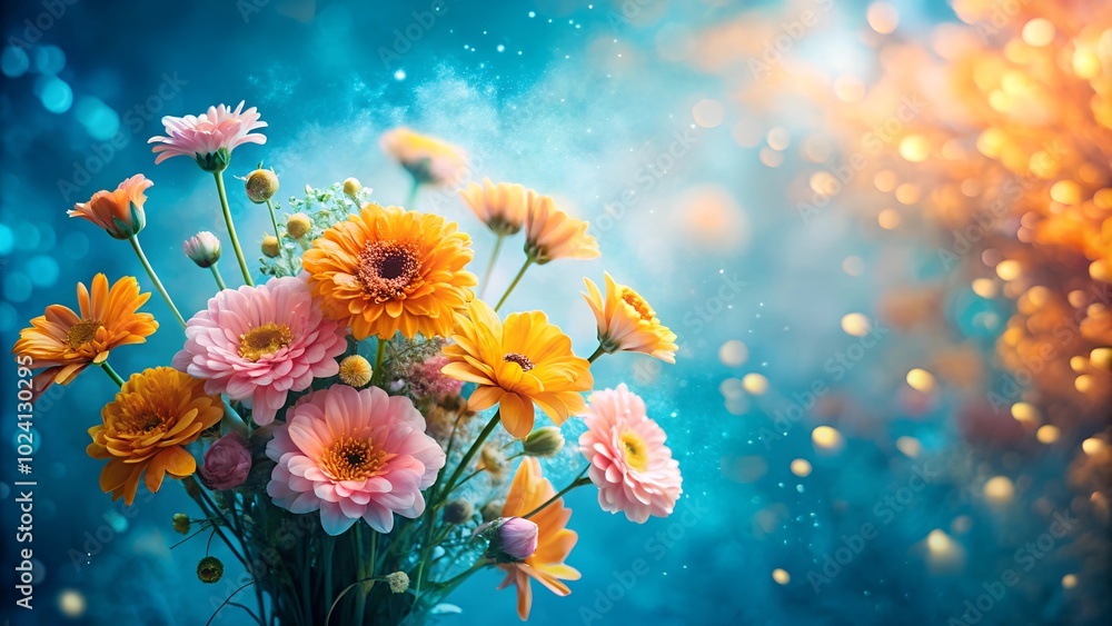 Flowers Blooming on a Serene Abstract Blue and Gold Background with Pastel Tones Flowers Blooming on a Serene Abstract Blue and Gold Background with Pastel Tones