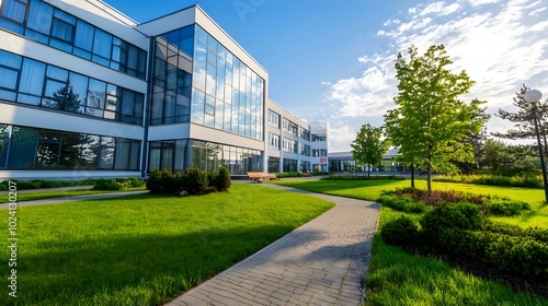 Sleek and Sustainable Modern Office Building with Expansive Glass Windows Surrounded by Lush Green Landscaping to Foster Collaborative and Innovative Working Environments