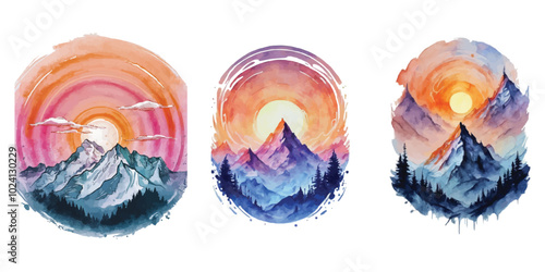 Watercolor mountain sunset t-shirt design bundle 