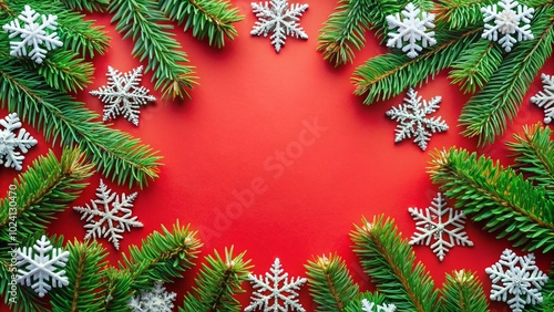 Merry Christmas Creative Background with Fir Branches and Snowflakes in Round Border for Festive Flat Lay Designs