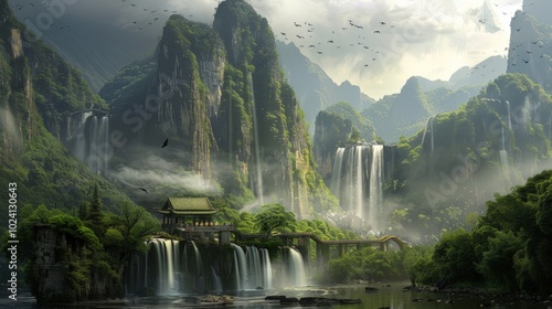 Mystical Mountain Valley with Cascading Waterfalls