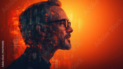 A man with glasses in profile, a city skyline is superimposed on his face.