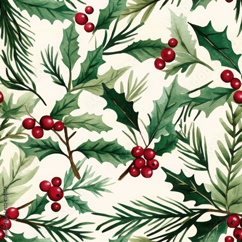 Minimalist Watercolor Holly Leaves and Red Berries Pattern