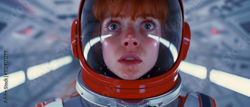 A young red-haired astronaut with freckles wears a worried expression as she walks through a corridor in a futuristic spaceship, dressed in her space suit photo