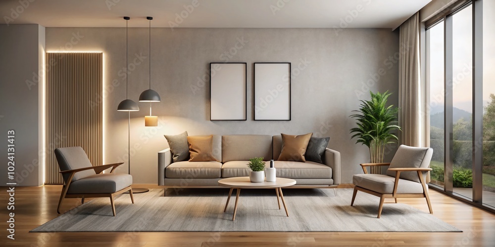 Minimalist Living Room with Poster Frame in Long Exposure Style for Modern Interior Design Minimalist Living Room with Poster Frame in Long Exposure Style for Modern Interior Design
