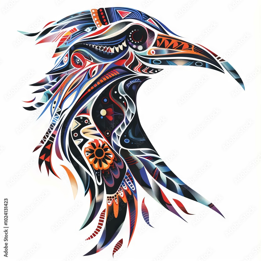 Obraz premium Abstract bird head adorned with colorful tribal patterns.