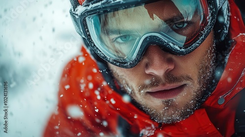 dynamic action shot of a focused man in red sportswear goggles on midtrick on a snowboard the white background enhances the intensity of the movement capturing the essence of extreme sports photo