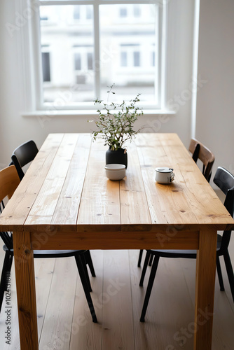 Wallpaper Mural Wooden dining table with plants and coffee Torontodigital.ca