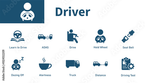 Driver icon. Set of vector symbols on the theme of automobiles, steering wheels, driving, transportation, traffic safety.