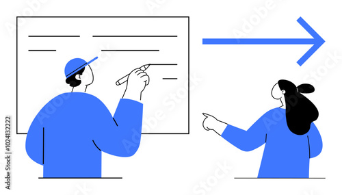 Two people in blue clothing interact. One writes on a whiteboard while the other points right. Ideal for business strategy, collaboration, teamwork, communication, educational themes. Simple modern