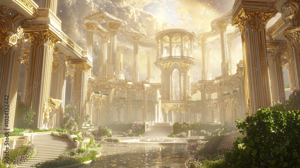 Fototapeta premium Majestic Christian Heaven - 3D Render of Grand Celestial Palace with Angels, Gardens, and Fountains | Ultra-Detailed Illustration
