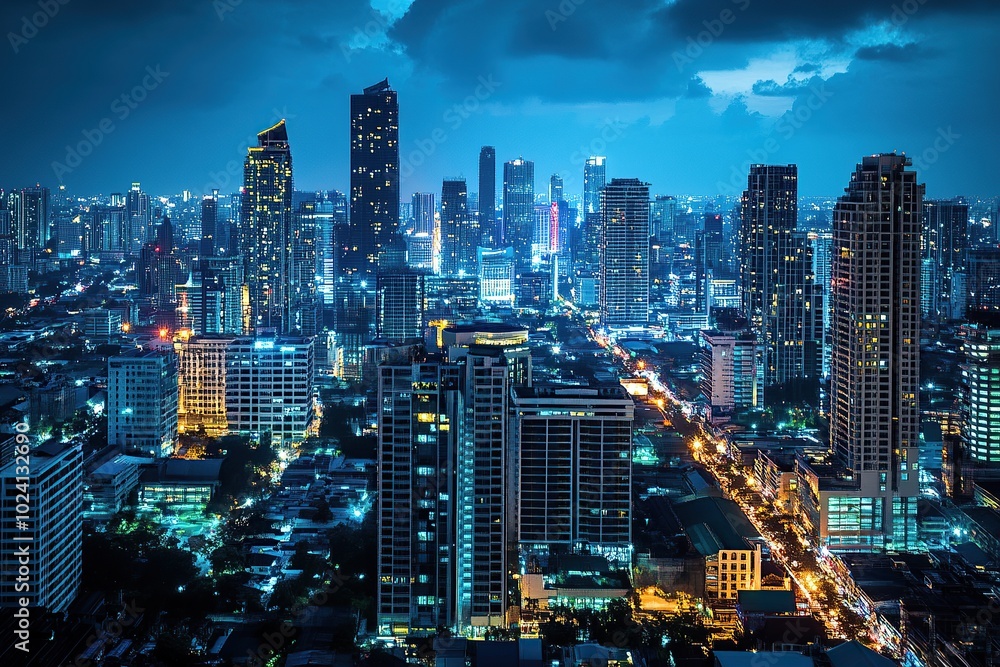 View of the Bangkok cityscape from a rooftop, with high-rise buildings at night View of the Bangkok cityscape from a rooftop, with high-rise buildings at night