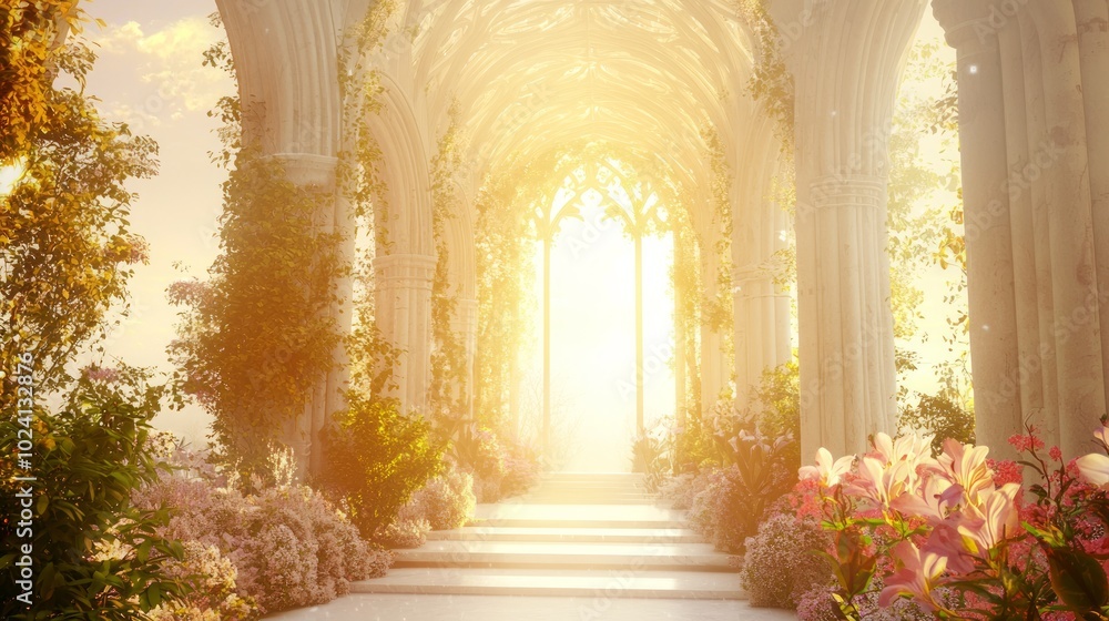 Fototapeta premium Illuminated Pathway: Radiant Archway to Heavenly Garden - Ultra-Detailed Christianity 3D Render Illustration