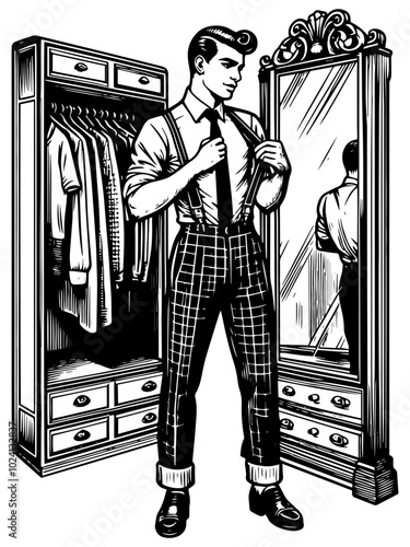 Man trying on suits in a vintage tailor shop, generative ai.