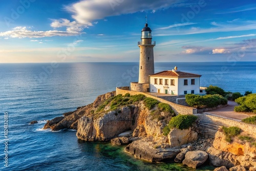 Lighthouse standing tall on the coast of Palma de Mallorca with forced perspective effect