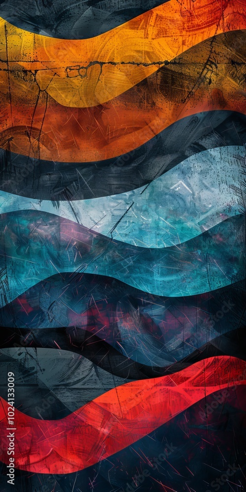 Obraz premium A vibrant and dynamic abstract digital artwork featuring colorful waves with textured layers in shades of blue, red, orange, and yellow.