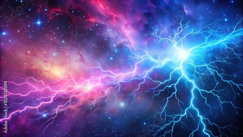 Lightning in the universe with pink and blue light background, stars, galaxies, dark sky