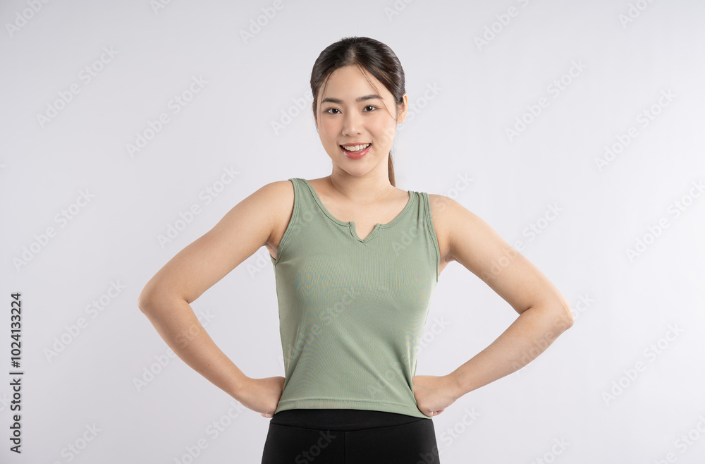 Image of young Asian girl wearing sportswear posing on white background
Image of young Asian girl wearing sportswear posing on white background