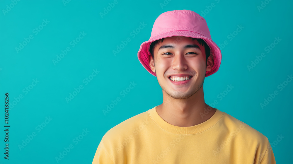 Young asian man wearing a pink bucket hat isolated on a blue background with copy space Young asian man wearing a pink bucket hat isolated on a blue background with copy space