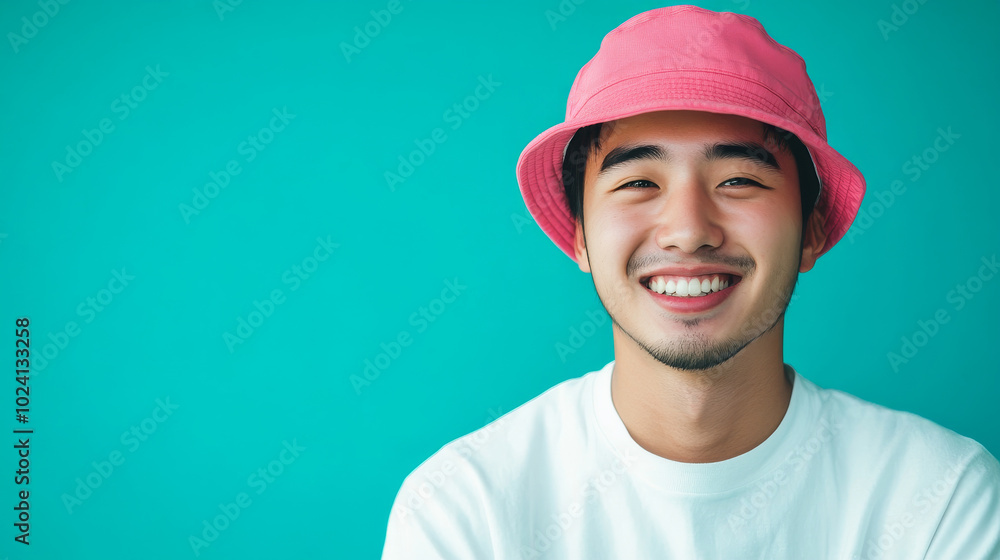 Naklejka premium Young asian man wearing a pink bucket hat isolated on a blue background with copy space