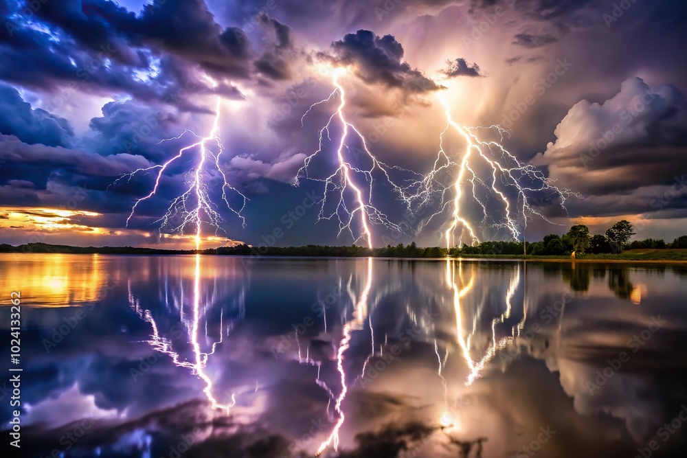 Fototapeta premium Lightning storm reflecting in water during the afternoon