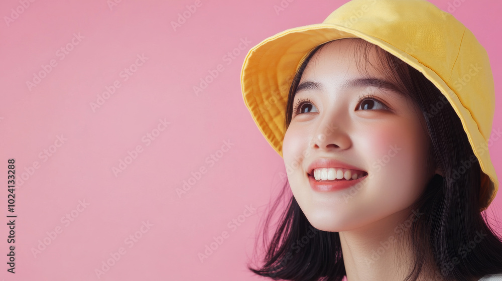 Young asian woman wearing a yellow bucket hat isolated on a pink background with copy space Young asian woman wearing a yellow bucket hat isolated on a pink background with copy space