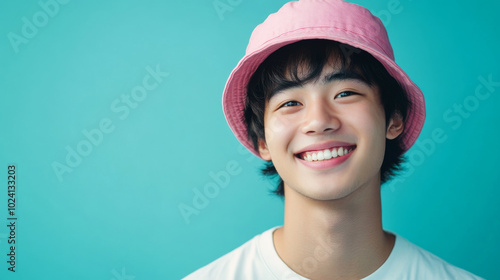 Young asian man wearing a pink bucket hat isolated on a blue background with copy space
