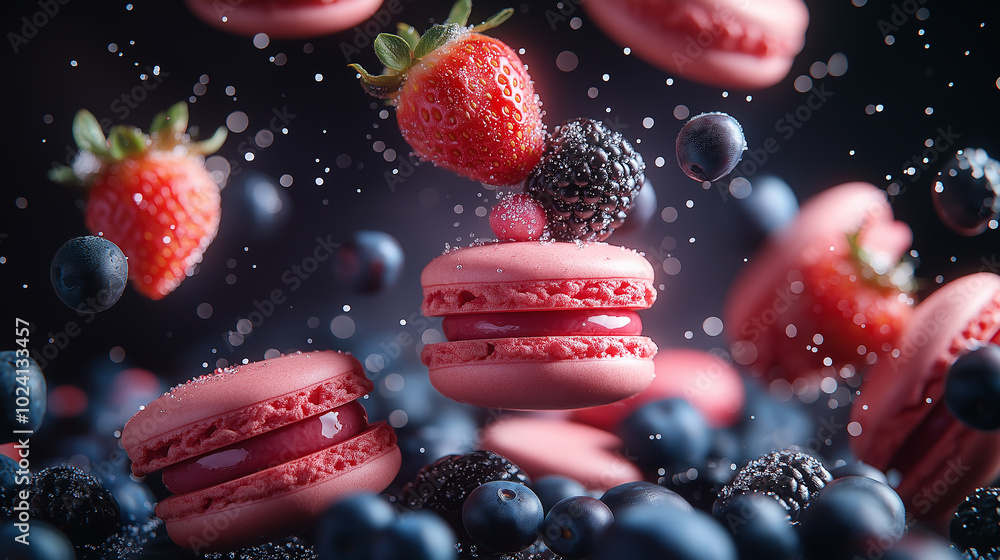 Fototapeta premium French macarons and fresh berries floating on dark background