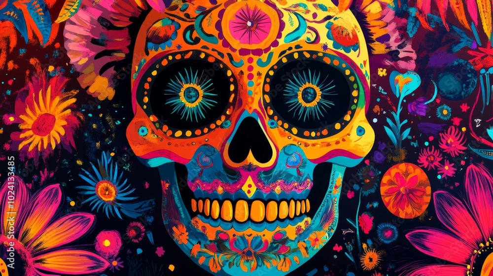 Abstract conceptual design for Day of the Dead integrating vibrant colors and traditional symbols. Abstract conceptual design for Day of the Dead integrating vibrant colors and traditional symbols.