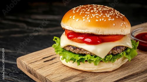 Classic burger with extra cheese, lettuce, tomato, and ketchup, rustic wooden board, urban background