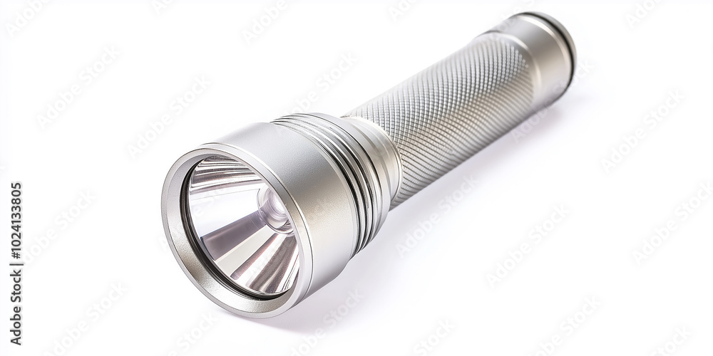 Modern metal led flashlight laying on white background Modern metal led flashlight laying on white background